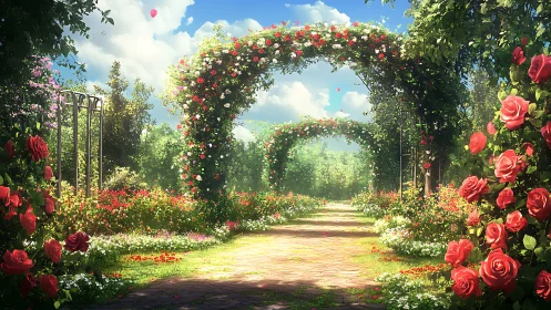 Sunlit rose archway inviting quiet walks and gentle daydreams.