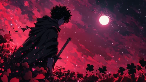 Quiet swordsman beneath a crimson moonlit sky.