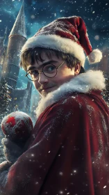 Young wizard in Santa cloak under snowy night sky