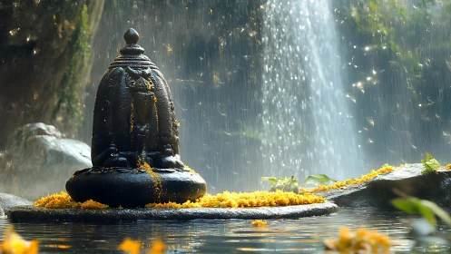 Stone Shiva lingam with marigold offerings near waterfall.