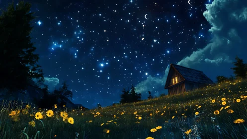 Night meadow with cabin under dense star field sky.