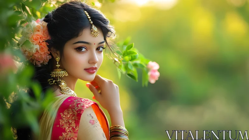 Elegant Indian Woman in Traditional Attire with Floral Accents, Soft Portrait.