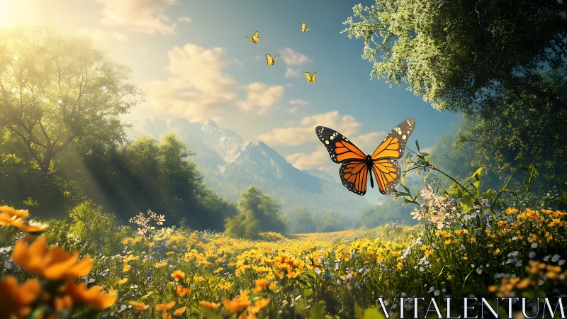 Monarch Butterfly in Sunlit Wildflower Meadow, Realistic Nature Art.
