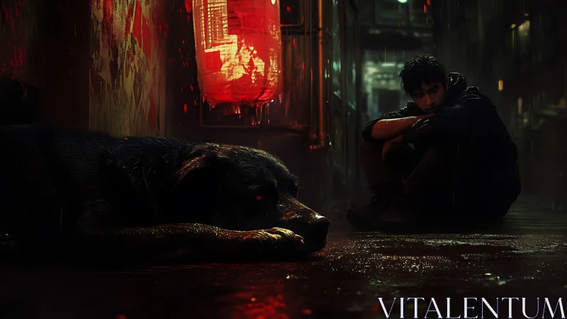 Rain soaked alley vigil with man and dog under red lantern