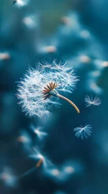 Macro view isolates single dandelion seed head against blue