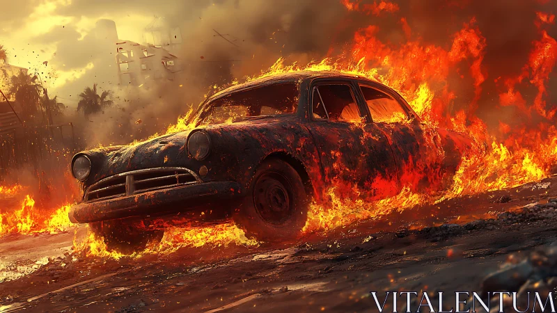 Vintage Car Engulfed in Apocalyptic Flames and Destruction.