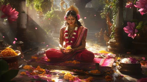 Ritual light scattering over meditative goddess in temple court.