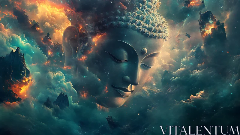 Colossal stone Buddha head in luminous cosmic cloudscape.
