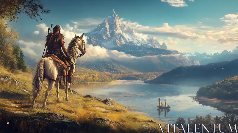 Mounted ranger overlooking alpine lake and distant tallship