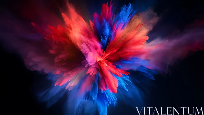Explosive red and blue pigment cloud blooms on black canvas.
