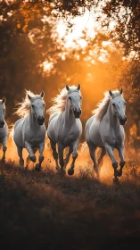 Galloping white horses backlit by warm low-angle sunset rim light