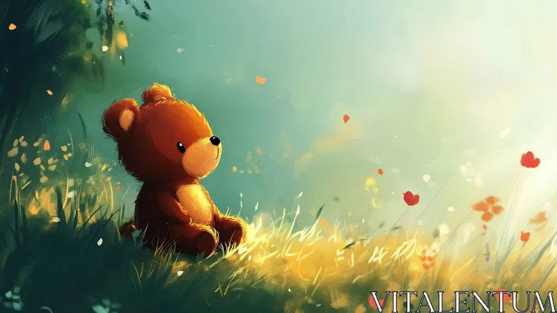 Backlit plush teddy bear in sunlit meadow with drifting petals