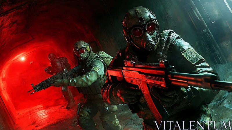 Tactical gas-mask squad advancing through irradiated tunnel.