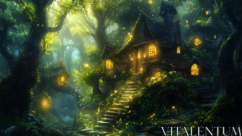 Firefly-lit forest cottages glow beneath emerald canopies.