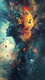 Cosmic female silhouette dissolving into fiery nebula clouds.