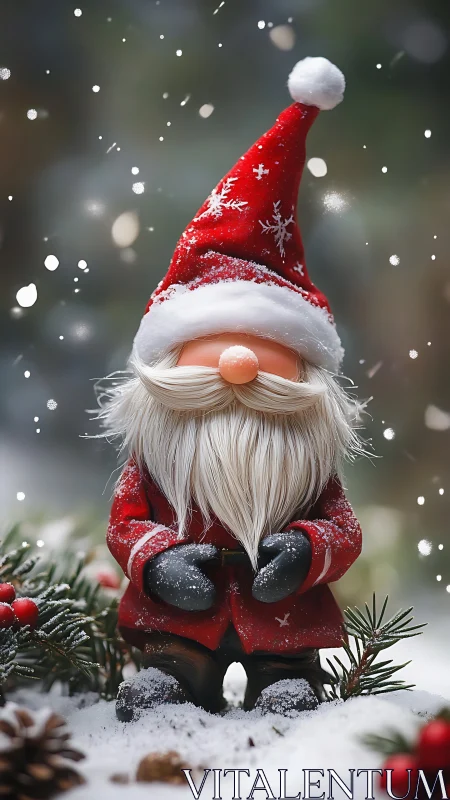 Snowy Christmas gnome figurine amid winter greenery.