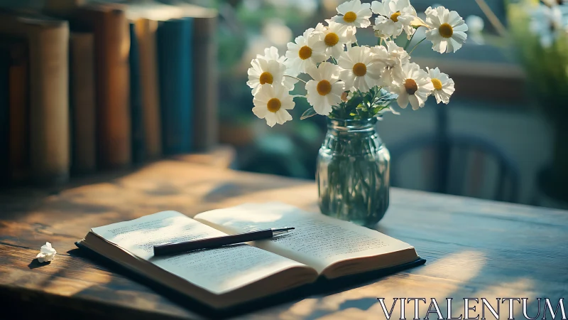 Open Book with Pen and White Daisies in Morning Light