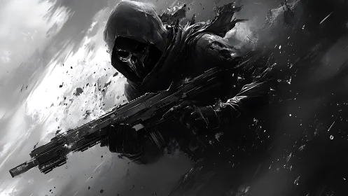 Hooded skeletal sniper advances through swirling monochrome storm