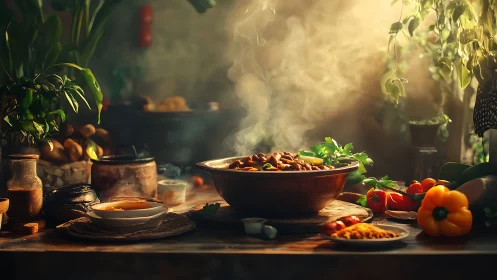 Rustic kitchen table with steaming vegetable stew bowl.