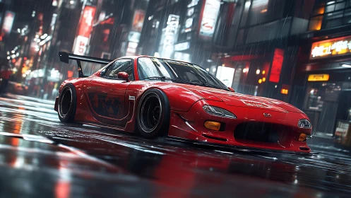 Cyberpunk street racer in neon-soaked rain environment.