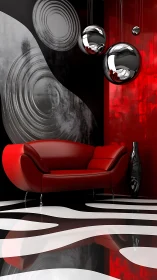 Red modern sofa in abstract black white red interior scene.