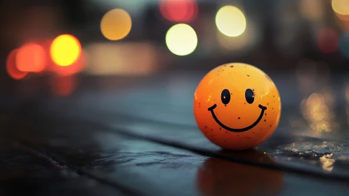 Yellow smiley ball rests on wet street at night