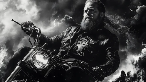 Bearded biker rides motorcycle through storm clouds at speed.