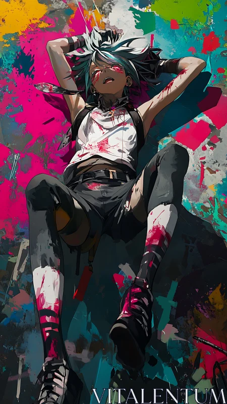 Neon street artist sprawled on abstract splatter mural ground