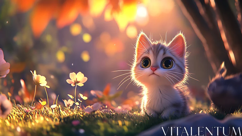 Adorable Kitten Explores a Magical Garden at Golden Hour
