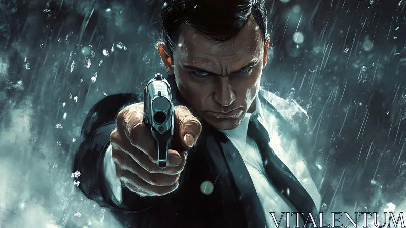 Man in suit points handgun forward in heavy rain