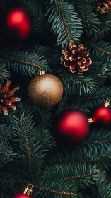 Macro evergreen bough with red ornaments and gold bauble detail