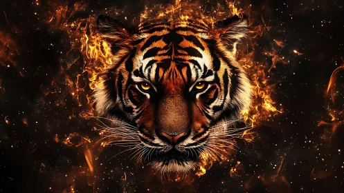 Tiger head is rendered frontally amid stylized digital flames