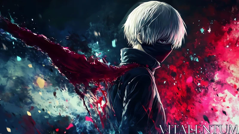 Masked silver haired antihero amid splintered crimson void.