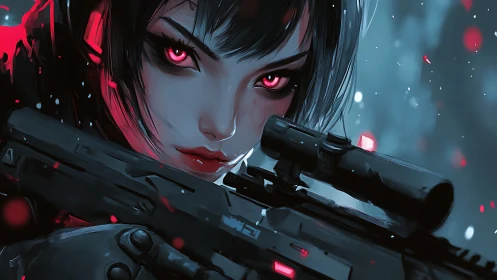 Female marksman holds scoped rifle in close frontal view