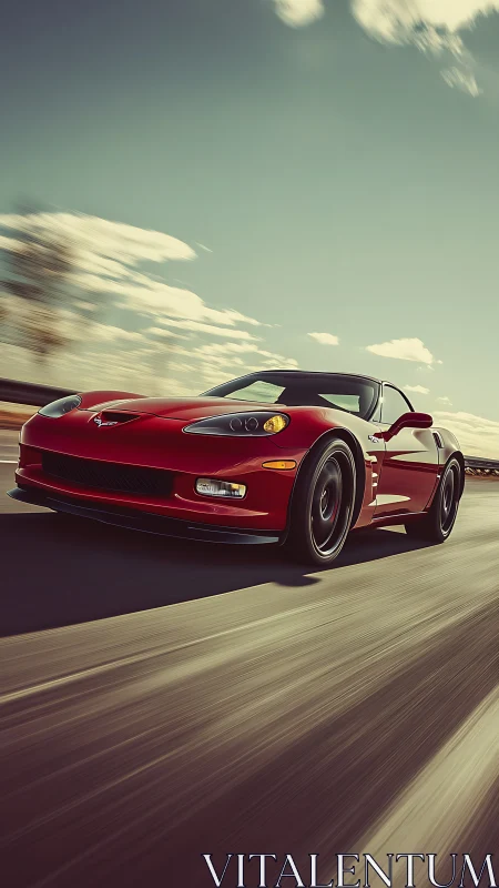 Red sports coupe cuts highway with dynamic motion blur.