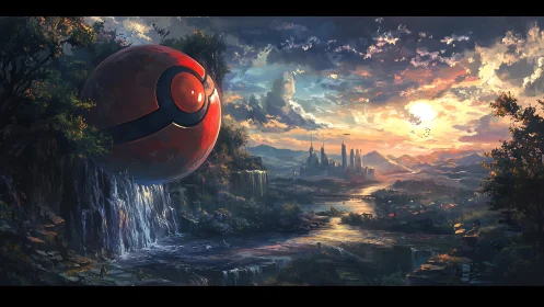 Colossal crimson sphere dreams quietly above the waterfall