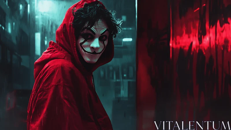 Masked figure in red hooded cloak under neon cyan and red glow