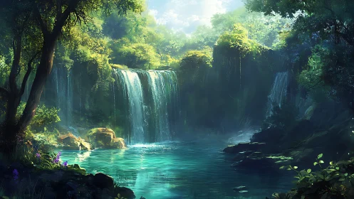 Mystical Waterfall in Enchanted Forest Sanctuary.