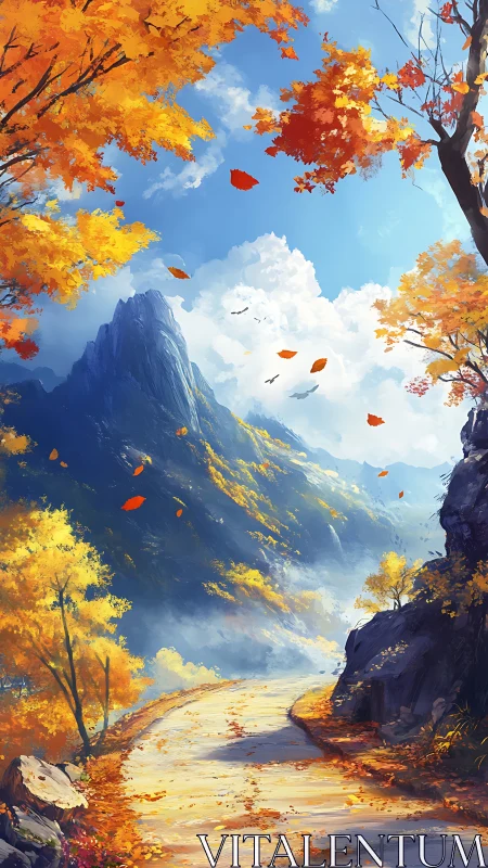 Autumn highway curls toward cloud-kissed mountains and golden sky.