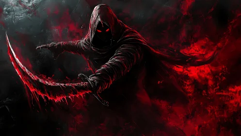 Shadowed reaper sweeps forward with a blazing crimson scythe
