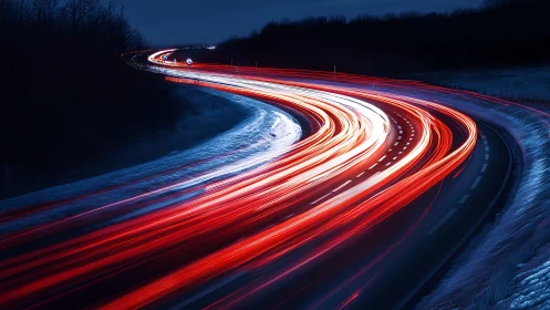 Night highway light trails curve through winter landscape.