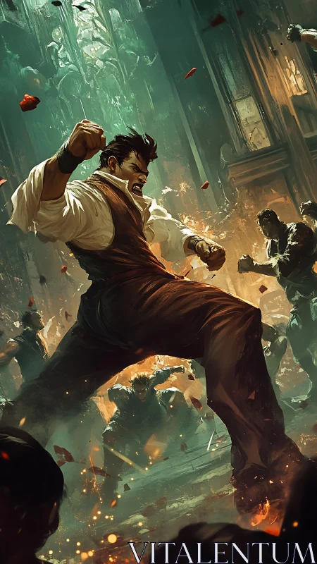 Brawler unleashed in burning alley, cinematic urban melee.