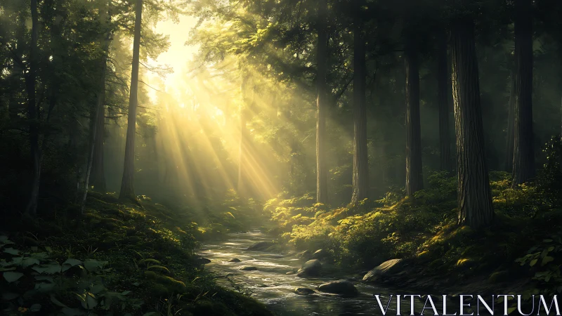 Golden Sunlight Pierces Misty Old-Growth Forest Stream