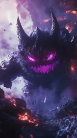 Demonic void beast with neon magenta eyes in lava storm.