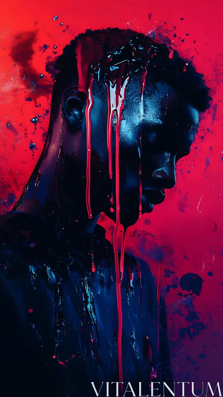 Neon portrait drips crimson paint over shadowed profile.