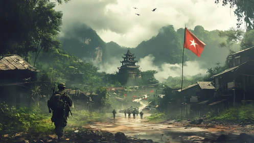 Soldiers advance through misty jungle village toward pagoda