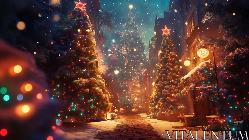 Snowy city street shows illuminated Christmas trees at night