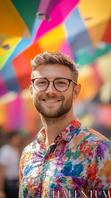 Smiling man in colorful shirt under vibrant umbrellas.