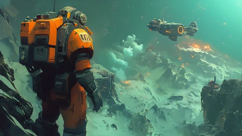 Solitary astronaut surveying volcanic ice world vista.