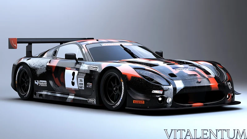 Black and red GT race car with wide rear wing profile.